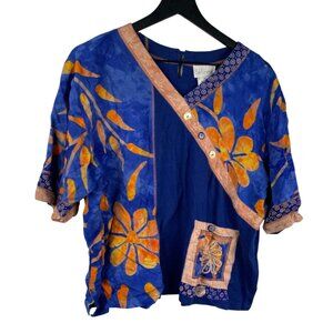 Bali Emerald Top Women's Batik Buttons Short Sleeves Pullover Blue XL Topical